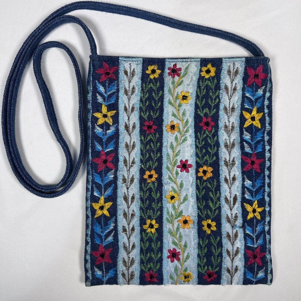 VTG Crossbody Denim Silk Cottagecore Embroidered Flowers Boho Folkloric 8"x10"